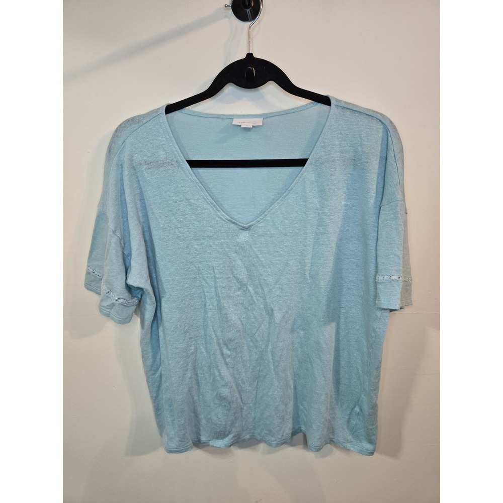 J Jill Love Linen Shirt M Boxy Top V-Neck Capri Blue Quiet Luxury Elevated Basic
